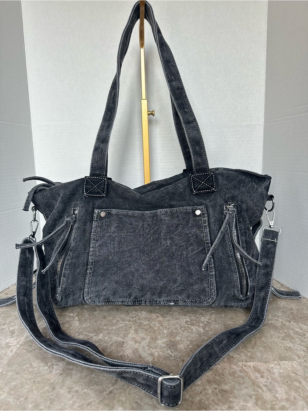 Acid Wash Black Denim Utility Shoulder Bag Streetwear Grunge Crossbody Purse Y2K